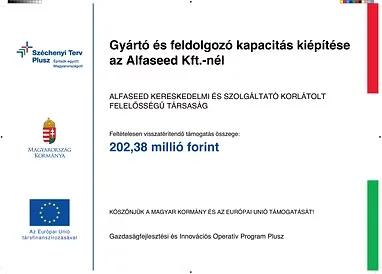 GINOP_PLUSZ-1.2.1-21-2021-01890 – Gyártó és feldolgozó kapacitás kiépítése az Alfaseed Kft.-nél